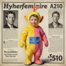 Hyperfeminine Mark Zuckerberg dressed in a Teletubbies costume form 2010, oil on canvas painting from rococo era Mark Zuckerberg portrait, vintage advertisment CMYK coloured lithography in the style of LuYang,