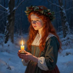 a realistic candlelit portrait painting of a thoughtful girl resembling a young, shy, redheaded alicia vikander or millie bobby brown wearing a christmas wreath in her hair and peasant dress carrying a candle in a deep snow - covered forest at night, highly detailed, intricate, concept art, artstation, by donato giancola, alphonse mucha, and william bouguereau