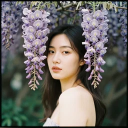 analog head and shoulder portrait photography of a woman full of wisteria floribunda by mark owen. vogue. kodak portra. bokeh!! detailed. hq. warm light. mamiya 7. f / 1. 2, symmetrical balance, in - frame