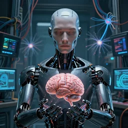 symmetric, zoomed out, a dark male android holding a brain and neurons, in a room full of wires and computers and neural networks, realistic face, zoomed out, sci - fi, ai, 4 k realistic, artem demura. alphonse mucha. rafael.