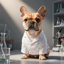 a cute orange female French bulldog disguised as a scientist