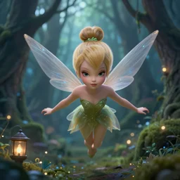demonic tinker bell flying in an enchanted forest, flawless symmetrical pretty cute face, greg rutkowski, 8 k, shallow depth of field, intricate detail, concept art,