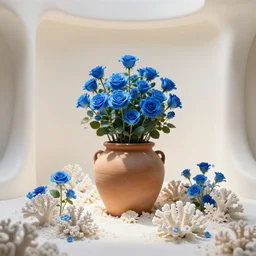 clay pot standing in white enchanted coral garden of blue flowers, blue roses in an ivory room well contoured smooth fair walls, up close shot, sharp focus, global illumination, radiant light, zaha hadid octane highly render, 4 k, ultra hd,