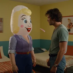 still from a 1983 independent film about a desperate housewife wearing an inflatable cartoon face as she meets a handsome younger man in a seedy motel room