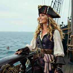 a fierce, smiling, beautiful, friendly, calm, blonde, well - dressed, steampunk, covered, armed, pirate captain, standing on the deck of her ship gazing at the horizon in 1 7 3 0, sideview, zoom out, detailed, realistic