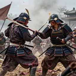 a close up shit of the bloodiest samurai battle in history. Two samurai dueling, many dead with Sashimono. Greg rutkowski legendary matte painting.. 4k, particles light,