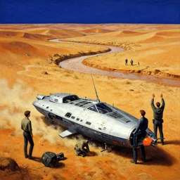 the crash site by gregory crewdson and ivan shishkin and zacharias aagaard and simon stalenhag and escher, spaceship in a dry river bed, barren desert landscape, chiaroscuro, tonalism, sfumato, high saturation, high contrast, vibrant, highly intricate details, dusty