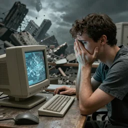 a high resolution photo of a sad man watching the end of the world on a vintage computer,, earthquake, debris