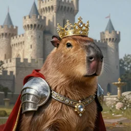 detailed photorealistic painting of a capybara, wearing a detailed ornamented gold crown with diamonds, in a medieval knight armor with red cape, standing in front of a detailed castle, sharp focus in the style of ruan jia, Mandy jurgens, cinematic light, concept art, trending on artstation, ultra realistic