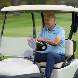 joe biden driving a golf cart on the golf course green, photorealistic