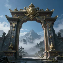 Mystical Ornate Tibetan Archway To The Glade of Forgotten Fears, Concept Art, Artstation, Misty Mountain Top, Blue Skies