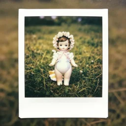 polaroid of a porcelain doll in a field