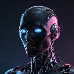 portrait of a high gloss black futuristic robot head, blue and pink highlights, digital art, artstation