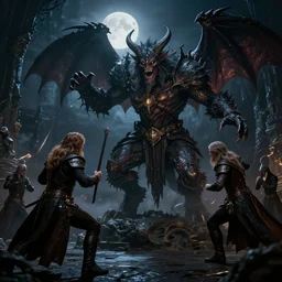dark fantasy, movie the lord of the rings, magical wizard battle with demon balrog, cinematic, octane render, art station, dramatic lighting, beautiful moonlight night, concept art, rococo, photorealistic, intense detail, 8 k