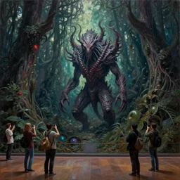 dark forest protected by strange creature, the matrix movie style, oil paint, inside a museum while people taking photographs of it