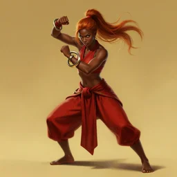 Full body Picture of a Battle Dancer, arab inspired, wearing two metallic rings, dark brown skin, light red hair, waist reaching ponytail, crimson attire, exposed midriff, battle, detailed face features, dark green eyes, D&D, by artgerm and Craig Mullins, James Jean, Andrey Ryabovichev, Mark Simonetti and Peter Morbacher, matte painting, trending on artstation, artstationHD, artstationHQ, octane, full HD, 16K, alluring, sensual, gold