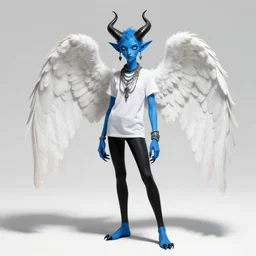 skinny blue demon, full body, white feathery angel wings, white t - shirt and black leggings, digital art, trending on artstation, two black horns, two long pointy ears, wearing excessive jewelry, black freckles, clawed hands feet, highly detailed, dynamic shadows, 4 k