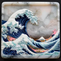 carved diorama of the great wave of kanagawa with pink lava and fire, made out of transparent marble with celadon glaze