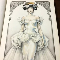 a low angle copic maker art nouveau portrait of a japanese futuristic girl detailed features wearing a latex wedding dress with a puffy skirt designed by balenciaga by john berkey, norman rockwell akihiko yoshida