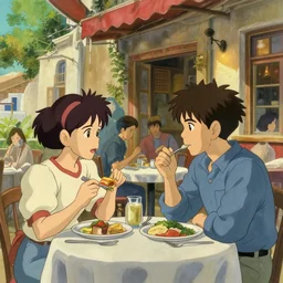 two friends having a lunch in a beautiful greek restaurant, finely detailed perfect art, painted by greg rutkowski mengo yokoyari, studio ghibli, artstation, ambient occlusion, beautiful lighting