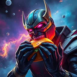 thanos eating a burger in space, digital illustration, in the style of greg rutkowski, amazing detail, epic