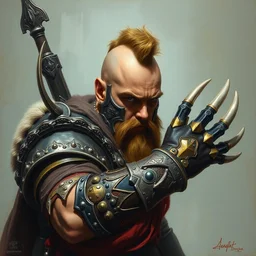 a russian warrior who is wearing iron gauntlets in the shape of bear claws in the style of warhammer fantasy : : head and shoulders oil painting