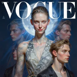 3 d, fashion model marble with a smirk, blue moon rays, soft light, vogue cover style, poster art, high detail, intricate oil painting, multiple exposure, stanley kubrick mood, hyperrealism, 3 d, by tooth wu and wlop and beeple and greg rutkowski