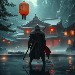 warrior standing in cozy ethereal empty onsen next to grand japanese architecture hotel red and gold by greg rutkowski craig mullins ross tran mucha cozy zen garden glowing water levitating lanterns lumen reflections matte painting concept art clear focus fantasy specular lighting global illumination trending on artstation