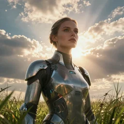 futuristic woman portrait, cinematic view, epic sky, detailed, concept art, low angle, high detail, warm lighting, volumetric, godrays, vivid, beautiful, trending on artstation, by jordan grimmer, huge scene, grass, art greg rutkowski