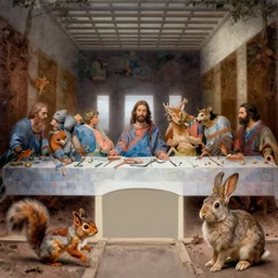 A beautiful drawing of the Last Supper, with Jesus and his disciples replaced by various animals. The drawing is set in a forest, with a deer at the head of the table and a squirrel and rabbit to either side.  by Jeremy Mann, by Mike Mignola delicate
