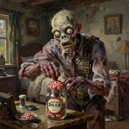 classic oil painting, a zombie that is opening a jar of brains, as a dnd character, inside a cluttered bedroom, cottagecore, highly detailed, digital illustration, concept art, smooth, sharp focus, art by tim hildebrandt, and greg hildebrandt