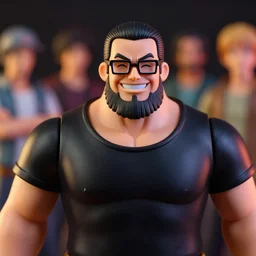 plastic action figure of a buff smiling man with stuble long stubble beard, muscular neck, rectangular shaped glasses and a black bowl cut, wearing a black tshirt, dramatic light, blur, out - of - focus background, by kim jung gi, ric estrada, ron english and eiichiro oda