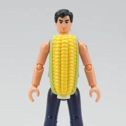 a single action figure toy man where the torso is a corn on the cob, professional product shot