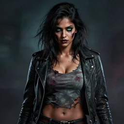 epic professional digital airbrushed portrait art of an attractive and athletic,  very slightly curvy, mid-20s East Indian supermodel emo female zombie wearing a slightly torn, slighlty low cut tee shirt under a leather jacket, with deep green eyes, scary portrait, walking dead, best on artstation, cgsociety, wlop, Behance, pixiv, cosmic, epic, stunning, gorgeous,, masterpiece by Dorian Cleavanger and Stanley Lau