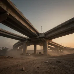 a still from elysium by ian mcque - dusty terrain, multiple highway overpass interchange, dramatic lighting, medium 5 0 mm lens, low camera angle, behance favourite, artstation trending, deviant art, evening,