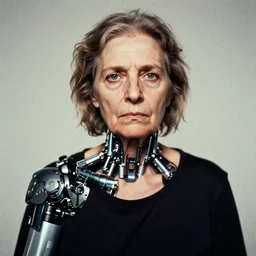 grainy photo of an old woman, grainy photo, wearing bionic implants, criminal,