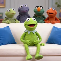 film still of kermit sitting on a white couch with blue pillows with muppets standing behind the couch, 4 k