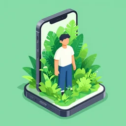 editorial illustration portrait of an isometric iphone with lush foliage overgrowth, modern art deco, mads berg, christopher balaskas, victo ngai, rich grainy texture, detailed, dynamic composition, wide angle, matte print, art nouveau, unreal engine, screen print, ( ( dither ) )