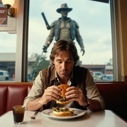 Indiana Jones sitting at a diner table eating a burger. Outside the window is a giant statue of Han Solo