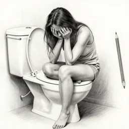 sitting on the toilet in agony, drawing, pencil, highly detailed