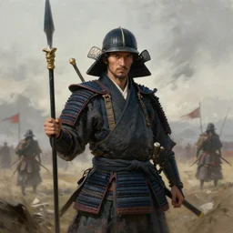portrait of a samurai, on a windswept battlefield, holding a spear, art by ilya kuvshinov