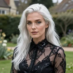 portrait of a woman wearing shiny black transparent lace shirt in an english garden, english face, refined features, moon goddess, long snow - white hair by jean gerome, edward hopper and james jean, hyper detail, 8 k, high resolution, ultra detailed