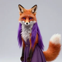 portrait of a furry anthromorphic fox with orange fur long purple hair and black ears wearing a long dress, very beautiful, detailed fur