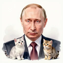 a watercolor caricature of vladimir putin with cute kittens