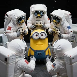 a huddle of astronauts dissecting a minion from despicable me