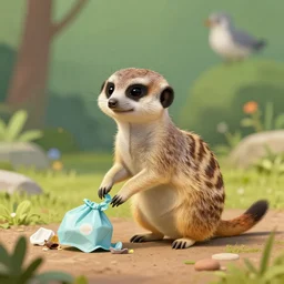 a meerkat picking up litter and trash at a national park, fantasy, high quality matte painting, cartoony