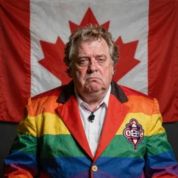 hyper realistic portrait of morbidly obese don cherry, studio photo still of sad and old don cherry degenerate, comical rainbow suit, hockey night on cbc, huge dirty canada flag in background, portrait dnd, painting by gaston bussiere, craig mullins, greg rutkowski, yoji shinkawa