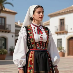 costa blanca, woman traditional corsican clothes, intricate, highly detailed, smooth, artstation, digital illustration, rutkowski, mucha, bouguereau