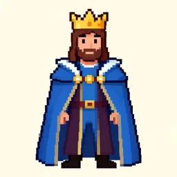 pixel art of a man wearing a blue cape with rolyal clothing and a crown