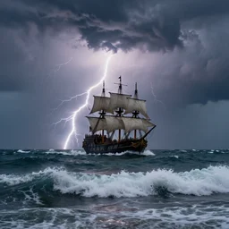 a thunderstorm in the sea, a pirate ship sailing in the middle, dramatic waves, action photo, sigma 2 8 mm, nikon